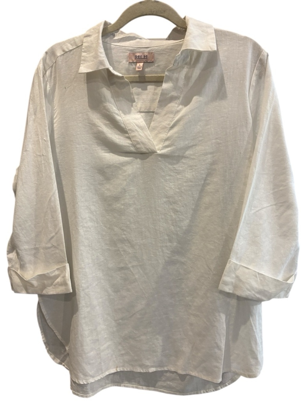 Per Se White Linen Cotton Blend Pullover Collared V-Neck Tunic Top Large